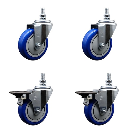 Service Caster 4 Inch Blue Polyurethane 12 Inch Threaded Stem Caster Set 2 Brakes SCC SCC-TS20S414-PPUB-BLUE-121315-2-PLB2